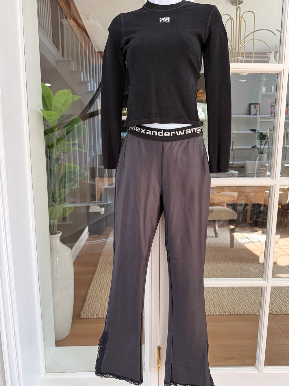 Alexander Wang Black Wide-Leg Lace-Hem Lounge Pants Set